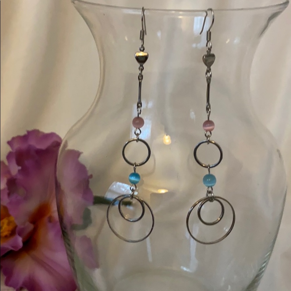$16 Silvery Hoops Pink & Blue Bead Dangle Earrings